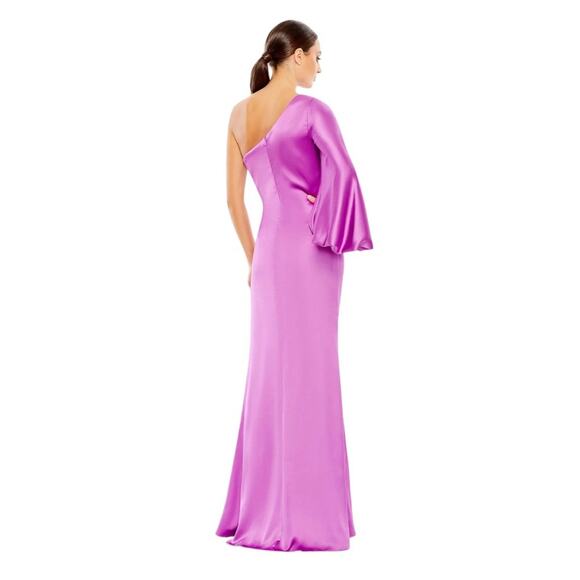 NWT IEENA for MAC DUGGAL Orchid One Shoulder Satin Puff Sleeve Side Ruched Gown - Picture 13 of 13